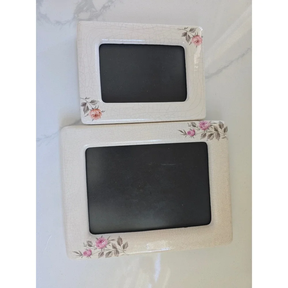 Vintage Crackle Glaze Ceramic Rose Floral Picture Frame‎ Set of 2 Shabby Chic